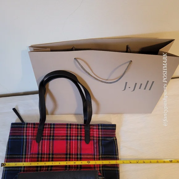 ❤J JILL real LEATHER trim 100% cotton plaid NWOTzipper, interior pocket tote bag - Picture 6 of 16